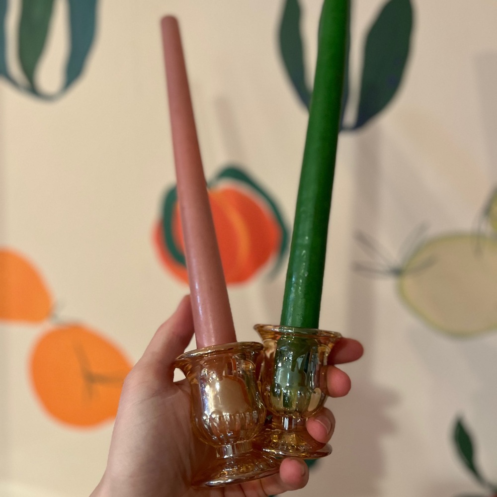 Vtg Gold Carnival Glass Candle Sticks Orange Set Of 2 Taper Candle Holders MCM